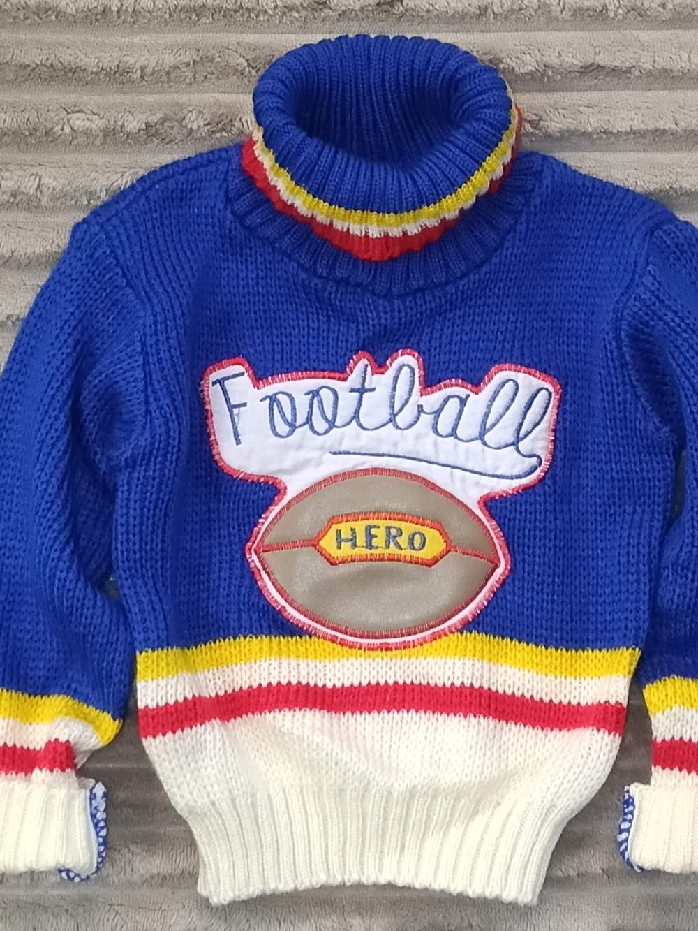 Vintage Small Stars Kids Unisex Blue Football Hero Patch Turtleneck Sweater 18 M
